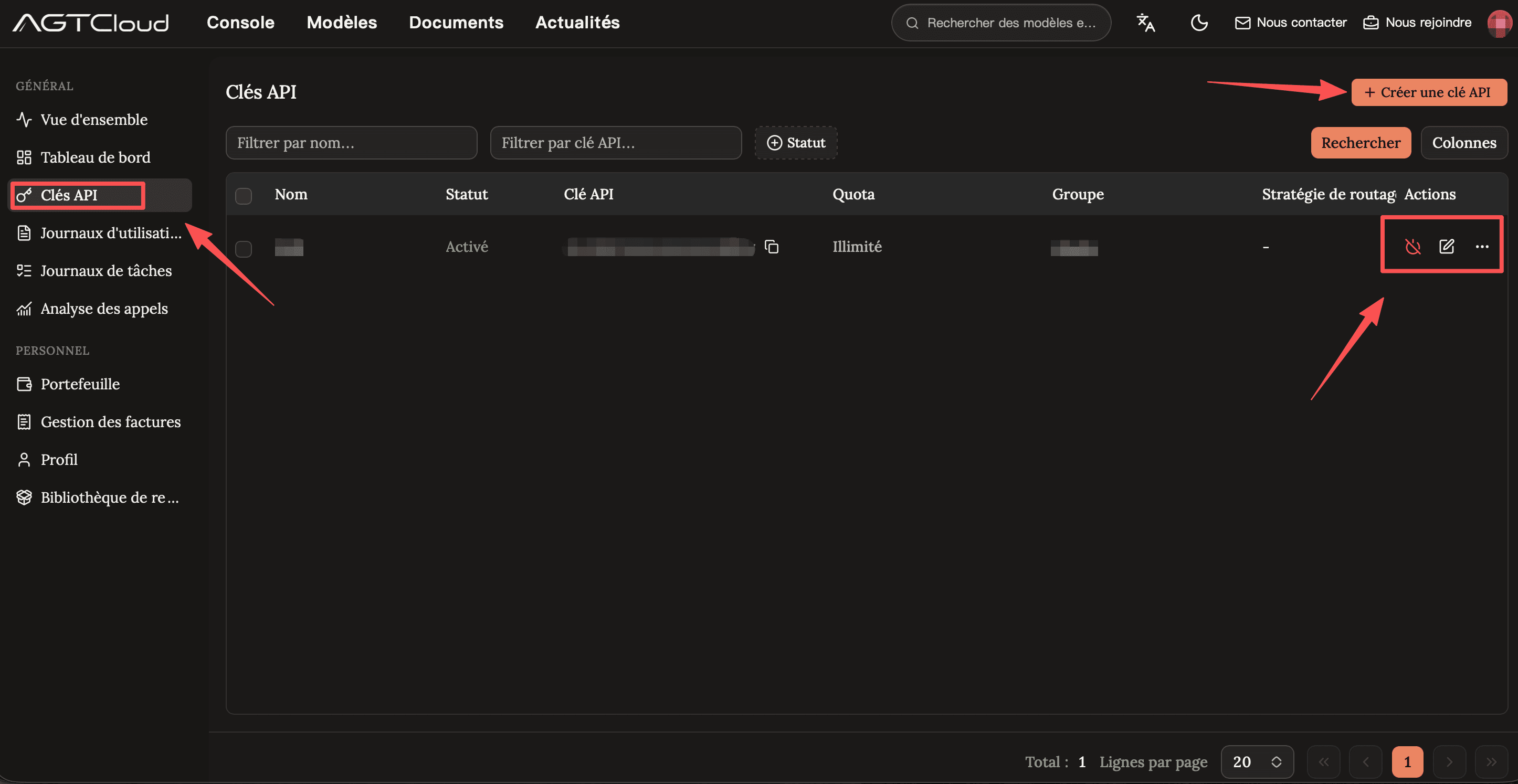 Page de gestion des clés API AGTCloud mettant en évidence l’entrée Clés API, le bouton de création et les actions de gestion